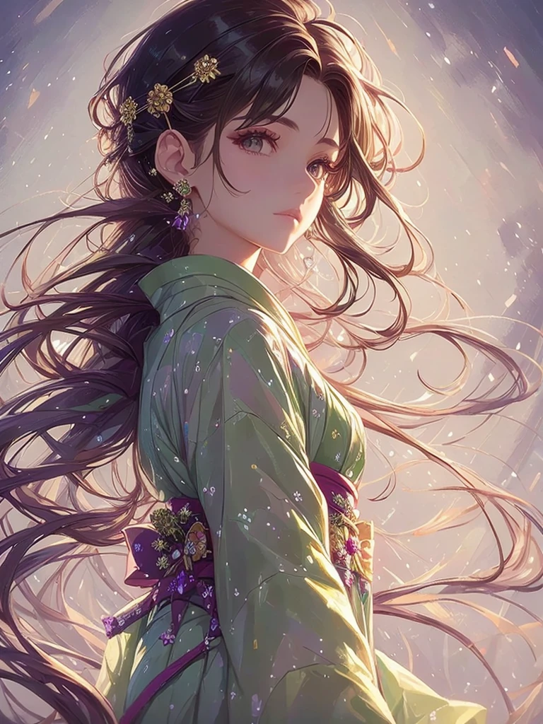 Masterpiece High resolution Highest quality Fractal art Fireworks in the night sky Fantastic flower field at night Beautiful girl with long brown hair in a yukata Profile Yukata with tied hair Hairpin Fantastic background Korean glitter eye makeup Mature older woman Fantasy art