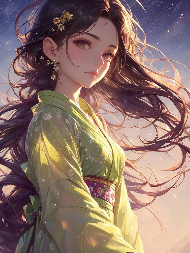 Masterpiece High resolution Highest quality Fractal art Fireworks in the night sky Fantastic flower field at night Beautiful girl with long brown hair in a yukata Profile Yukata with tied hair Hairpin Fantastic background Korean glitter eye makeup Mature older woman Fantasy art