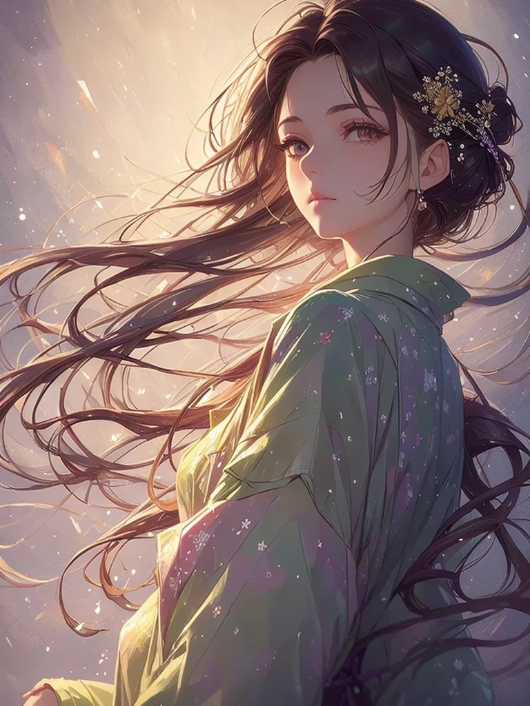 Masterpiece High resolution Highest quality Fractal art Fireworks in the night sky Fantastic flower field at night Beautiful girl with long brown hair in a yukata Profile Yukata with tied hair Hairpin Fantastic background Korean glitter eye makeup older woman Fantasy art