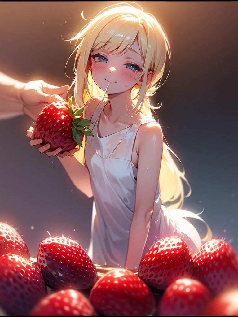 (Sumilux f1.4 50mm , low Latitude old color negative film , cross process , bokeh, flare, chromatic aberration , soft focus, (Shallow focus) , soft glow , Maximum aperture, low Key , Transparent depiction) , coquettish girl , showing off 2 small strawberrys , strawberry to mouth , Caressing the strawberries , Pour condensed milk
