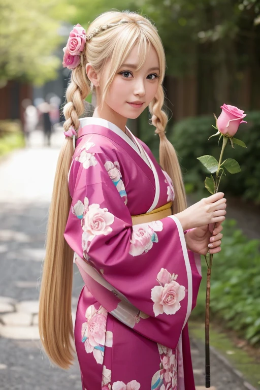 
A cute woman with blonde hair and long twin tails, wearing something like a furisode on her arm, not wearing a kimono, holding a long stick, with a rose in her hair
