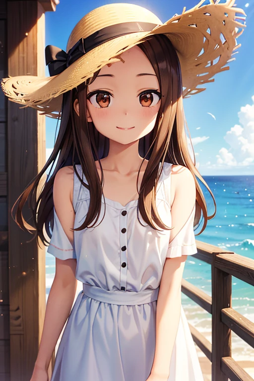 Takagi-san、Shiny brown hair, Straight Long Hair,((Medium chest、Forehead、Center part))、 Beautiful brown eyes、smile、Sparkling eyes, (fine grain)、Very fine eye、Highly detailed face, Highly detailed eyes, Cowboy Shot、 


Absurd, One girl, Ocean, handrail, White Dress, Sun hat, smile, (Realistic:0.75), (wave hands:0.9),