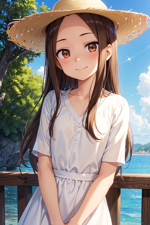 Takagi-san、Shiny brown hair, Straight Long Hair,((Medium chest、Forehead、Center part))、 Beautiful brown eyes、smile、Sparkling eyes, (fine grain)、Very fine eye、Highly detailed face, Highly detailed eyes, Cowboy Shot、 


Absurd, One girl, Ocean, handrail, White Dress, Sun hat, smile, (Realistic:0.75), (wave hands:0.9),