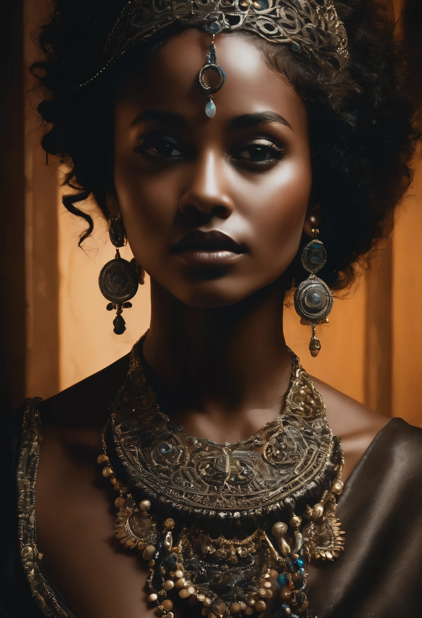 A captivating portrait of a mysterious woman adorned with intricate jewelry, from delicate necklaces to bangle bracelets that wrap around her wrist. Her dark skin complements her curly hair that frames her face. Sitting in a dimly lit room, she exudes an intense, enigmatic expression that draws the viewer in. The shadows cast around her only add to the air of mystery, leaving the viewer to ponder her identity and the secrets she may hold behind her piercing gaze.