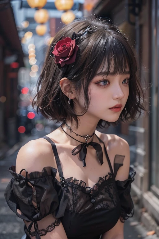 ((Upper Body))、((One Girl))、(28 years old)、((Very short hair))、((Straight bangs))、((Black-haired))、(Take in the view)、Gothic Lolita、((Black maid outfit))、(Eye patch for left eye)、(Realistic:1.2)、In 8K、(High Quality Shadows)、Beautiful and delicate face、Beautiful and delicate eyes、Cute K-pop Idol、(The Face of Ulzan in Korea)、(Urzan-6500-v1.1:0.6)、Glowing Eyes、Perfect body、Natural color reproduction、((Strong light))、Bright red lipstick、(choker)、((Brown eyes))、Shiny Hair、Description of beautiful and delicate hair、(Glowing Skin)、(night)、Japanese、(dark alley between buildings)、Street lamp、Shoulder Bare、Small red rose tattoo on the décolletage、Just one tattoo