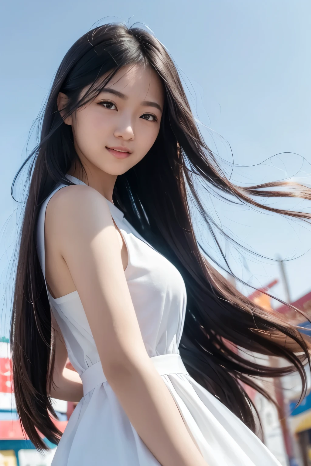 one girl, enlargement, 8k, top quality, chinese city, daylight, long hair, hair flows in the wind, Tuck your hair behind your ears, Chinatown, Make eye contact with the viewer, blue sky, white clouds, fancy dress, Full of laughter, chinese background
