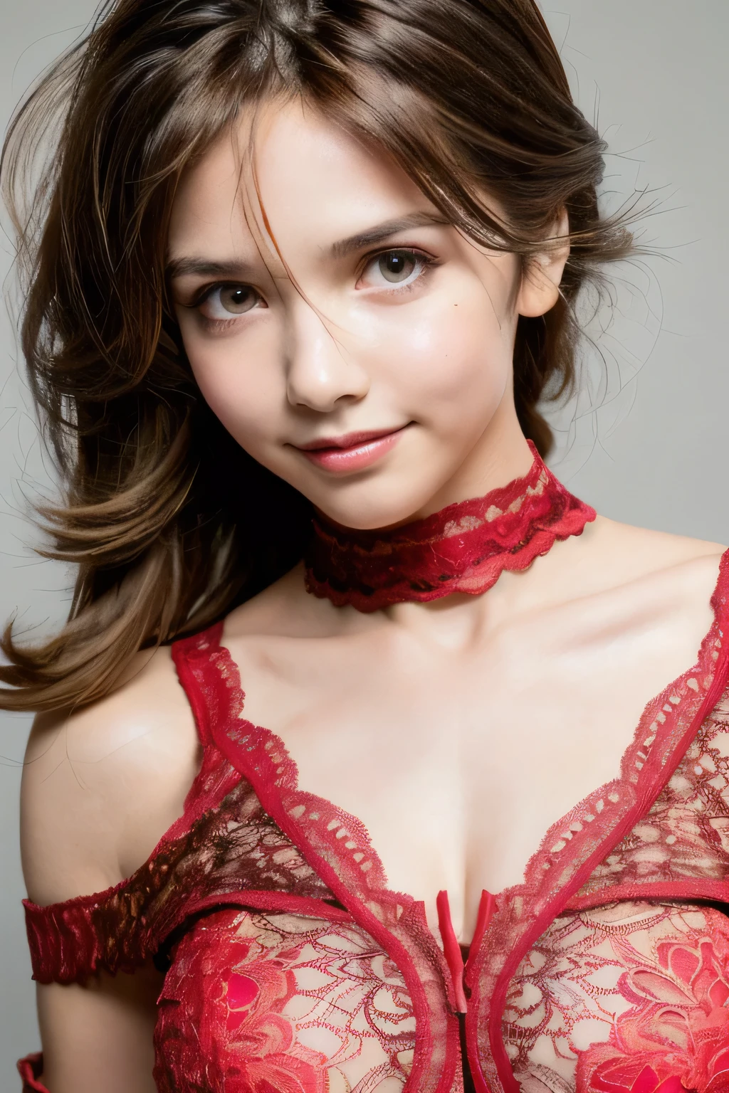 ((Highest quality, 8k, masterpiece: 1.3)), sharp: 1.2, Perfect Body Beauty: 1.6, ((Layered Hairstyles, Big Breasts: 2.0)), (Red lace dress: 2.0, Off-the-shoulder dress: 2.0, A dress that only reaches down to the nipples: 2.0), (Boldly exposed cleavage: 2.0), ((long hair: 2.0)), ((necklace)), Earrings, ring, Bracelet, Hair Accessories, ((Beautiful young ager woman)), ((Straight nose)), (Eyeliner), Armpit Hair, Bristles, ((White and beautiful skin)), Wavy Hair, Beautiful attention to detail, Super detailed, Highly detailed face and skin texture, fine grain, double eyelid, Black Hair, Big Ass, Lower Body, Thighs, (((Skinny))), Wet and shiny lips, smile, Get a grip on your body, ((Anatomically correct human body)), ((Crisp body shape)), Ribs, clavicle, Protruding skeleton, A face without nasolabial folds, Shyness, Thin eyebrows, Big eyes, (shoot from side: 1.0), (Narrow shoulders: 2.0), (Smile: 1.0), Corset-like dress