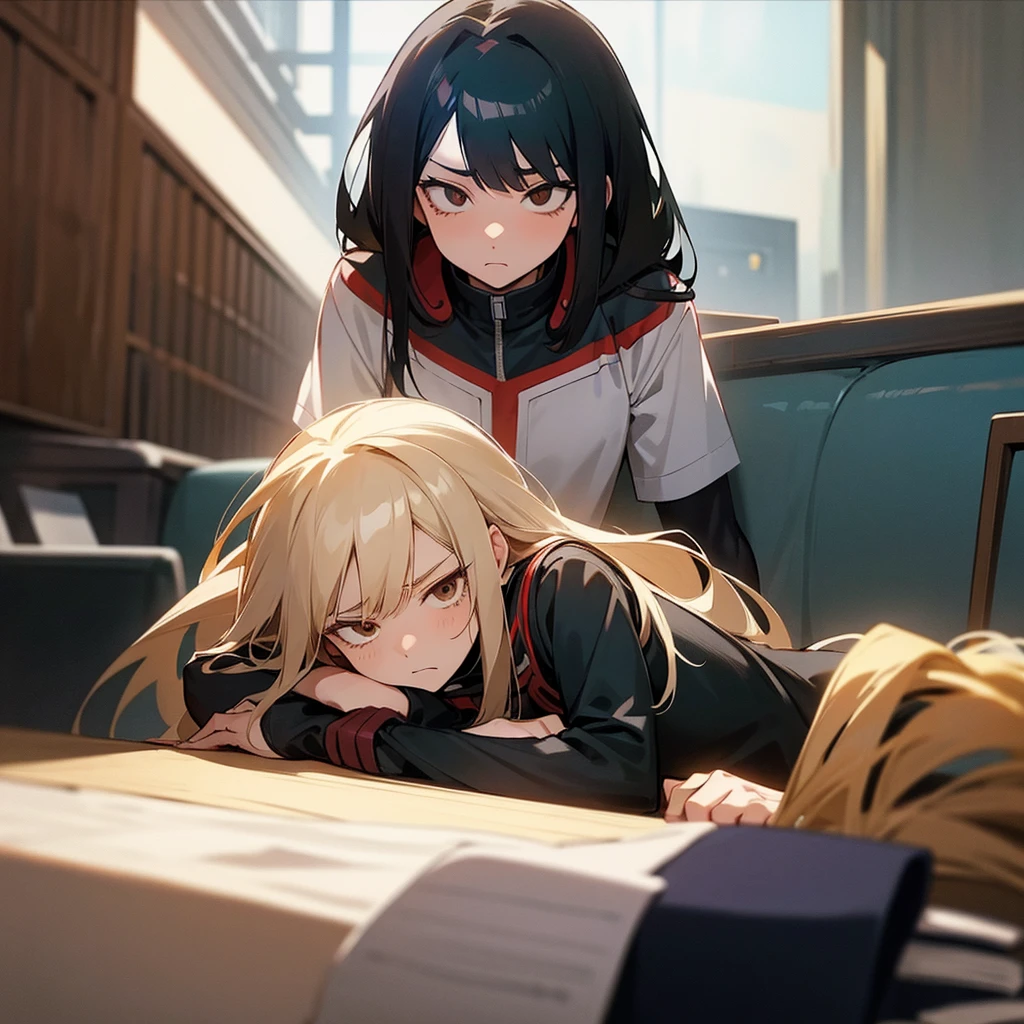 Screenshot of my hero academia.
Girl with straight black hair with long blonde waves, with bangs, He has brown eyes and has a cold expression.. She is wearing the UA uniform and in the background she has a UA school class and she is lying on the table looking at Bakugou.