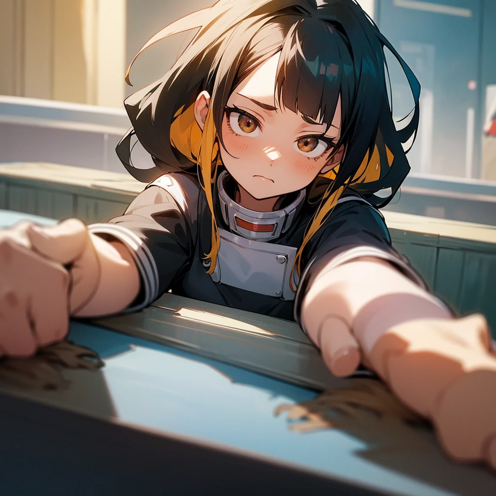 Screenshot of my hero academia.
Girl with straight black hair with long blonde waves, with bangs, He has brown eyes and has a cold expression.. She is wearing the UA uniform and in the background she has a UA school class and she is lying on the table looking at Bakugou.