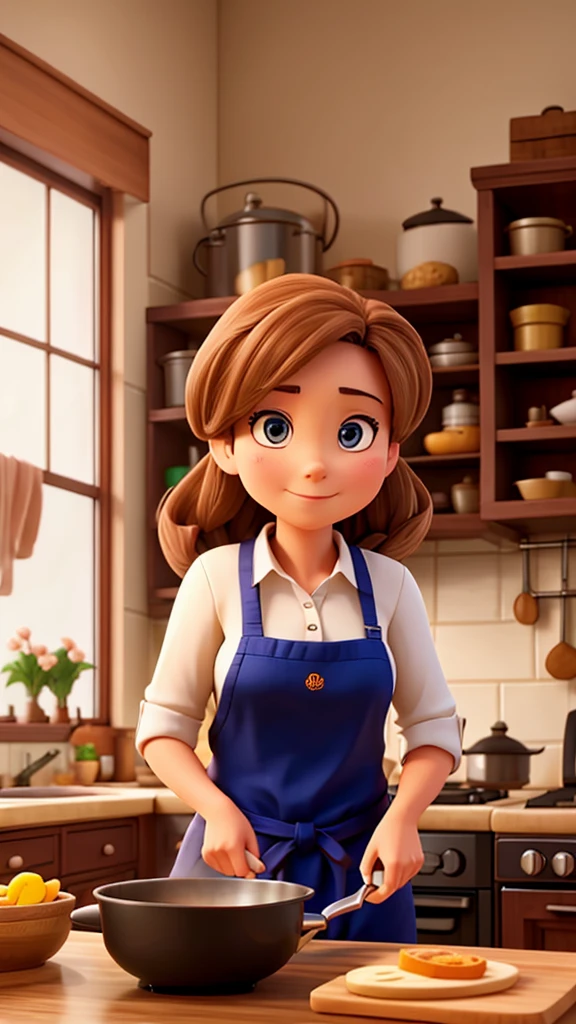 A woman cooks in the kitchen