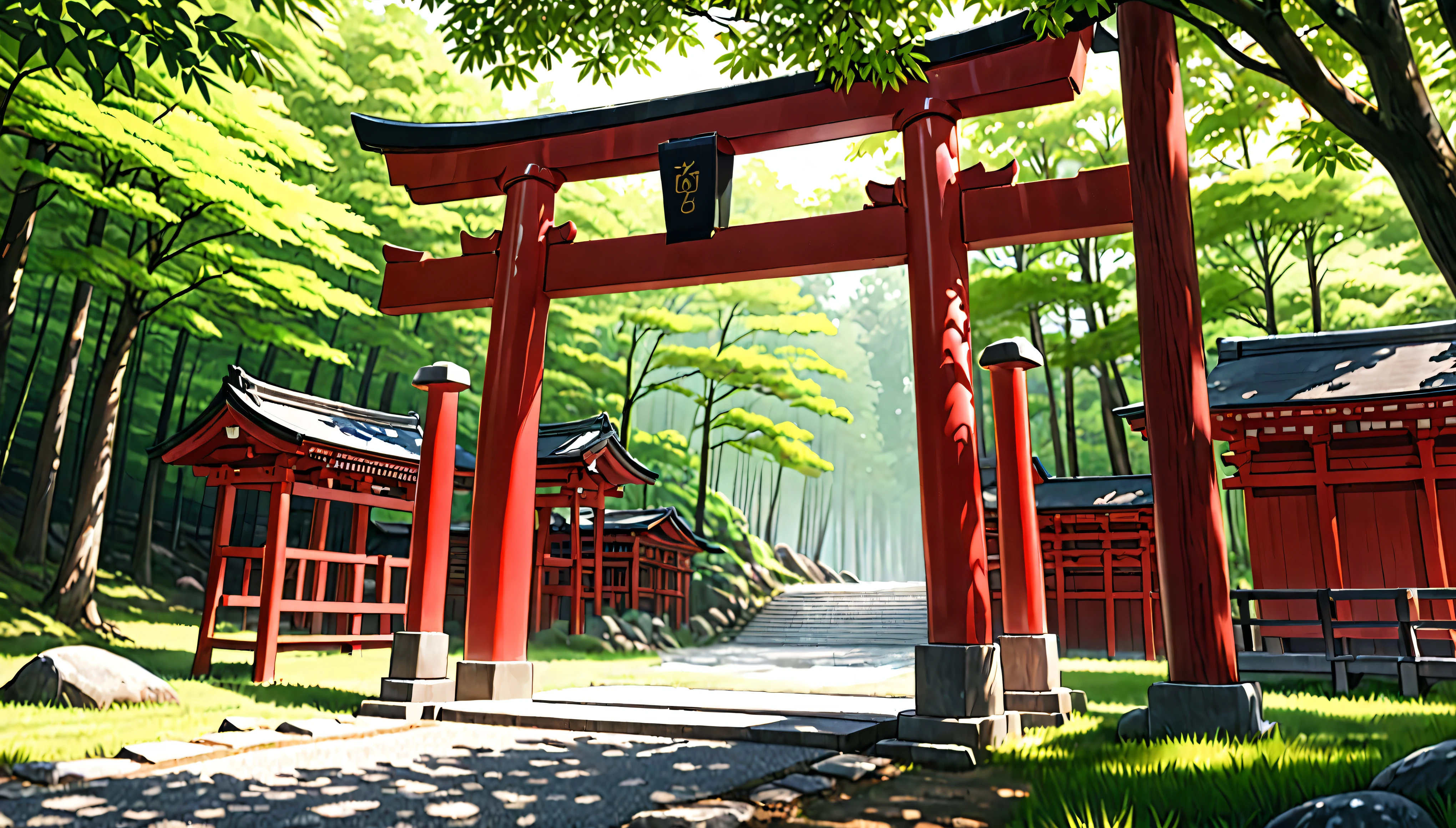 a detailed japanese countryside landscape, shinto shrine, torii gate, summer, sunny day, midday, (best quality,8k,highres,masterpiece:1.2),ultra-detailed,(realistic,photorealistic,photo-realistic:1.37),HDR,UHD,studio lighting,ultra-fine painting,sharp focus,physically-based rendering,extreme detail description,professional,vivid colors