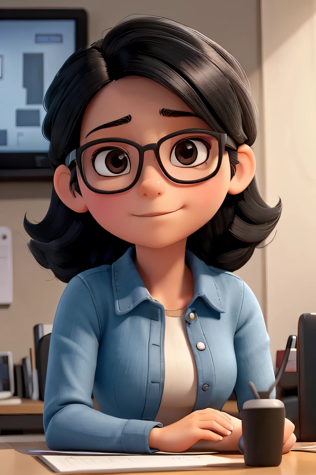 I need an image of a 30 year old woman who wears glasses, has black hair and has a medium to standard body, the context of the image must be the doll looking at her cell phone and completely worried, in a law office. She cannot be accompanied, she needs to be alone and sitting, in a highly technological environment