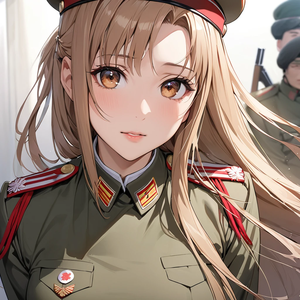 ((Highest quality)), ((masterpiece)), (detailed), （Perfect Face）、The woman is North Korean Yuuki Asuna, with light brown, medium-long hair, and is a female soldier in the North Korean military uniform.