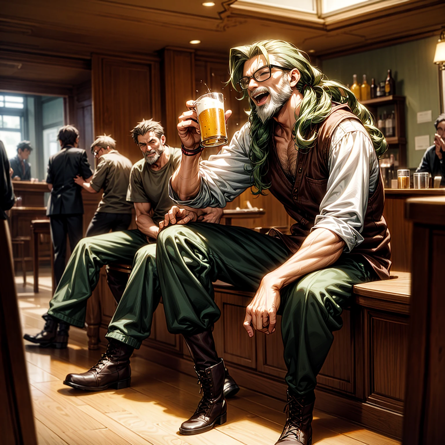 Solo character, full body version, middle aged man, muscle, tall height, green color hair, glasses, long Curly hairstyle, hazel eyes, close eyes, beard, open mouth, happy, laugh, casual style clothing, brown color clothing, black long pants, boots, detailed shadow, indoor, bar, evening, people, beer in hand, sit down gesture, blur on people