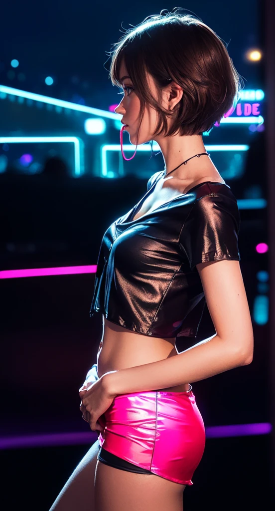 Top Quality, Masterpiece, High Resolution, 8k, ((1 girl)), (((cute skinny barely legal girl in oversized silk blouse and mini skirt, bare belly, wide neckline, deep neckline, small perky breasts, beautiful detailed eyes, beautiful detailed lips, small closed mouth, extremely detailed face, small hips))), cyberpunk apartment, moody atmosphere, dramatic and random neon colors, futuristic setting, intricate details, at night, backlit, full body shot, view from distance, (frackles), ((short hair)), (((night club on the background:1.5))), ((neon lights:1.3)), ((side view:1.4))