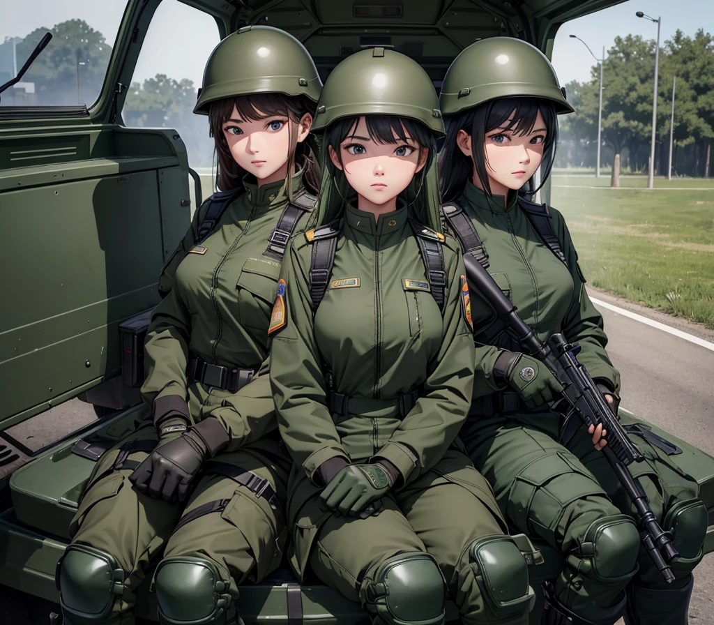 A group of female soldiers wearing dark green M-51 zippered military uniforms、Wear a steel helmet、wear gloves、Military Pants、Knee pads、Sitting in the transport vehicle、Write details、masterpiece、best quality、Highly detailed CG、8K picture quality
