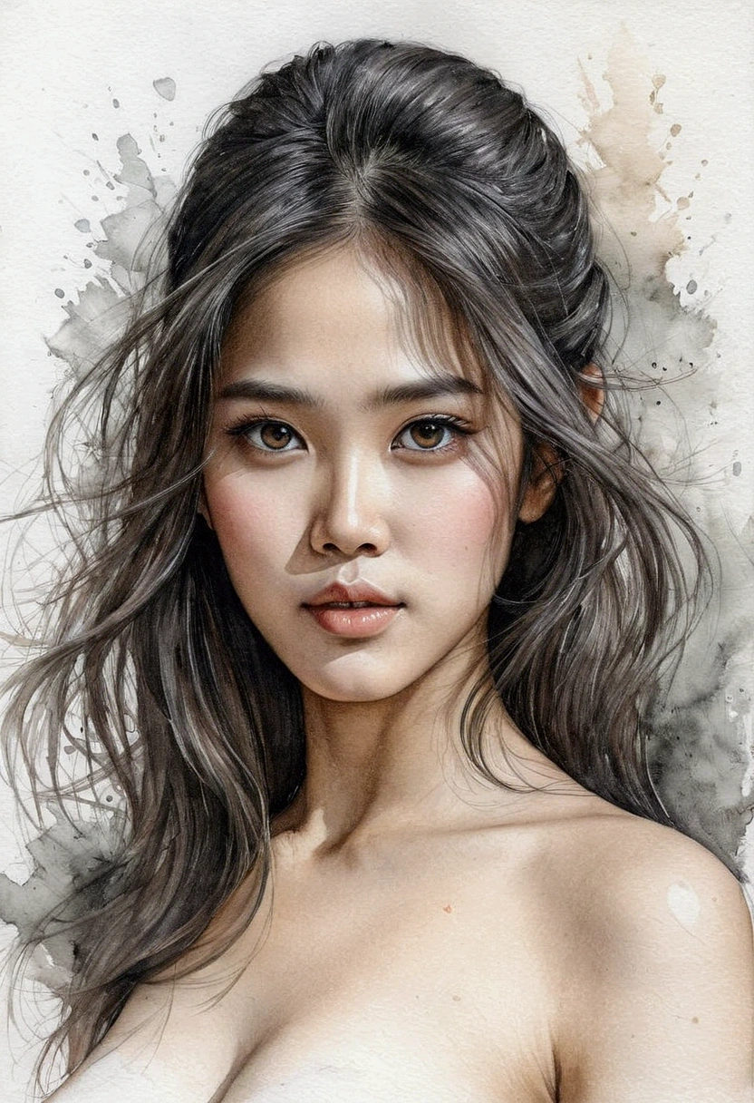 A delicate, 3D water color paint shows a full body naked beautiful Thai woman, her features rendered in subtle shading and precise lines. The framing is focusing attention on the subject's sweet face, very big eyes, very high nose, thick and long eyebrow, thin and wide lips. Soft, feathery strokes convey the gentle texture of her long hair, small and firm breasts, bare foot, large pussy
