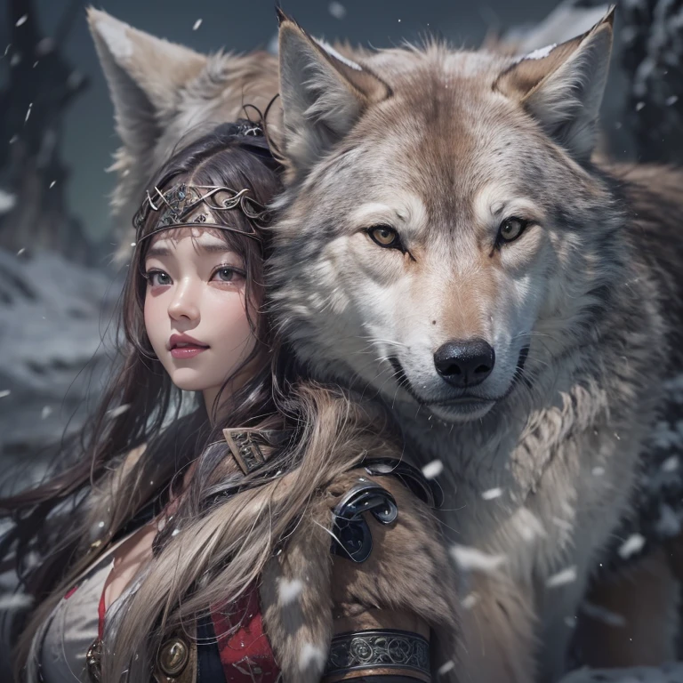 Lakeside surrounded by snowy mountains、Hair Flow、 ((Highest quality、masterpiece、8k、Best image quality、Ultra-high resolution、Award-winning works)、(Accurate anatomy:1.1)、(Look at me and smile:1.1)、Shining fair skin with Ultra-high resolution、The most detailed face、Ultra-high resolution detailed face、Ultra-high resolutionの髪の毛、(Ultra-high resolutionの煌めく瞳:1.1)、Beautiful face drawn in every detail、Ancient Viking clothing, Chest to chest, tattoo, A real wolf is by your side