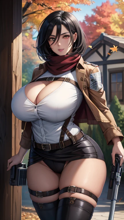(masterpiece, best quality, glowing light, glistening, shiny skin, ultra detailed, detailed background, complex background),(perfect face, detailed face, detailed eyes, perfect hands, perfect fingers), (large boobs:1.2,smile),(mature female:1.4),cowboy shot, thicc, big breast, cleavage, black hair, MILF, perfect curvy shaped body,
mikasa_ackerman, ((gradient hair)),multicolored eyes, gradient eyes, (glowing eyes:1.5), mascara, (fashion make up), parted lips, scarf, jacket, thigh strap, bikini and bra, belt, emblem, three-dimensional maneuver gear, red scarf, boots, dual wielding, training corps (emblem)
((park, fountain, leaves in the air, wall, autumn, trees)),((super detailed background)), dynamic poses, ((8k wallpaper)),