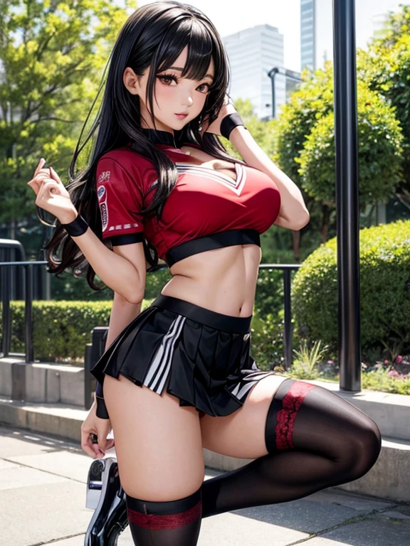 Photorealistic, high resolution, A Japanese Cheerleader named Jade, solo, makeup, Double D bust. Hips up, (Detailed face), Red and Black Cheerleader outfit with short pleated skirt. Black hair, Long hair, Skirt opened to reveal Black lace Panties and thigh high black and white striped Socks. black micro skirt, . Fully clothed, park setting