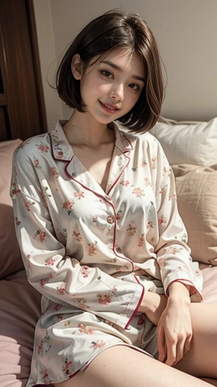 Cute lying face down on the bed and laughing, 22 years old, Realistic, she is wearing shorts, She is wearing floral pajamas, short hair.