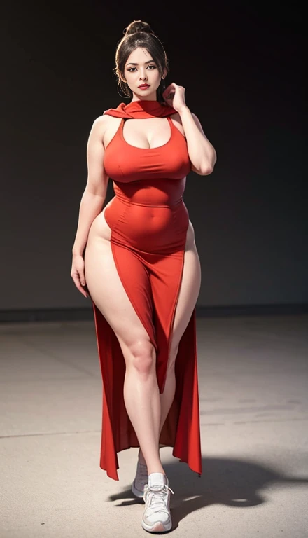 ((best quality)), ((masterpiece)), (detailed), perfect face, beautiful, mother-in-law, Asian-Indonesian , Agreeable, Transparent midi dress with hood , In the black room, fascinating expression, Chubby body, nice body, milf chubby, Chinese-Indonesian. whole body, big arms, wide hips , Wear sneakers, Bob Hairstyle, baby face , Chubby cheeks, 45 years old, plump and tall woman, plump thighs 