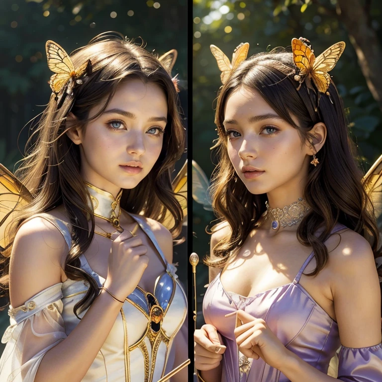 (masterpiece, best quality:1.5), highest quality, High resolution, super detailed, Realists, Upper body photo of a brunette 14-year-old magical girl, detailed and beautiful eyes, beautiful detailed lips, very detailed eyes and face, longeyelashes, shiny satin dress, Holding a magic wand in your hand, Cast a transformation spell, With her stick she turns the wasps into butterflies, Glowing wands available,Beautiful and colorful makeup, elegant and noble々The jewelry bag, Gardens as background, soft daylight, bright colors, fine brushstrokes, Portrait style, Silk dress fabric, beautiful color palette, glowing skin, First-class rendering, that captures every detail, enchanting atmosphere, subtle shadows and lights, (perfect anatomy:1.2), (The two stunning 14 and 12 year old Magical Girls transform wasps into butterflies. (a transformation with the magic wand:1.4), (magnificent panorama view:1.2)