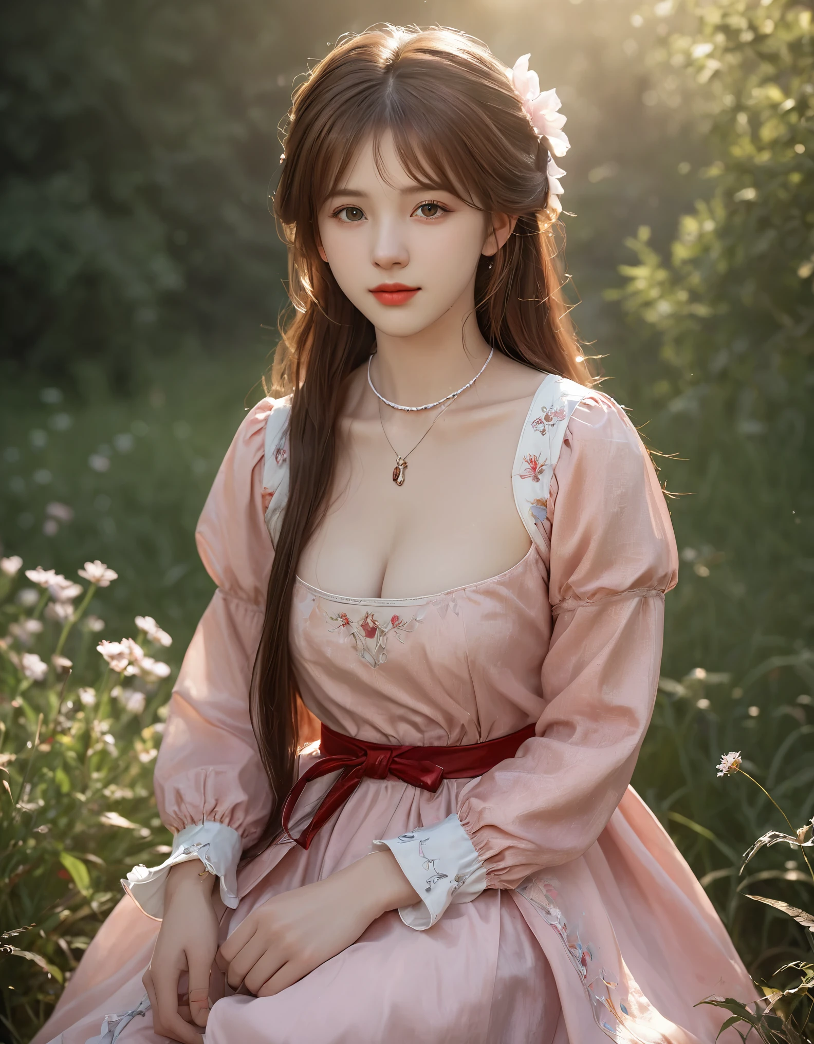 (masterpiece, best quality:1.4), (future days), (full of white flowers), (1girl), ((18 years old)), solo, (european youth:1), aerith gainsborough, choker, cropped jacket, hair bow, bracelet, (((red jaket))), (((pink dress))), brown boots, very long hair, hair ribbons, hair flowers, strapless red dress, high heels hyperrealistic, high detailed skin, dslr, soft lighting, high quality, highly detailed face, highly detailed skin, skin pores, subsurface scattering, realistic pupils, huge breast, full face blush, full lips, detailed background, depth of field, volumetric lighting, sharp focus, absurdres, realistic proportions, good anatomy, ((light smile)), ((looking at viewer)), ((cowboy shot)), (realistic, hyperrealistic:1.4), 16k hdr, medium breasts, show vagina, spread legs.