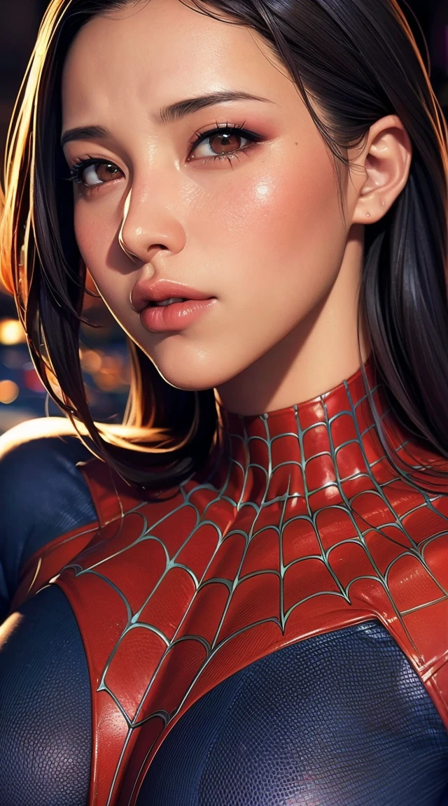 Close-up photo portrait of a female spiderman, Atmospheric scenery, masterpiece, Highest quality, (Beautiful face in every detail, Skin texture details, Super-detailed body:1.1),