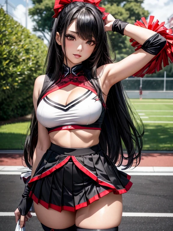 Photorealistic, high resolution, A Japanese Cheerleader named Jade, solo, makeup, Double D bust. Hips up, (Detailed face), Red and Black Cheerleader outfit with short pleated skirt. Black hair, Long hair, Skirt opened to reveal Black lace Panties and thigh high black and white striped Socks. black micro skirt, . Fully clothed, park setting