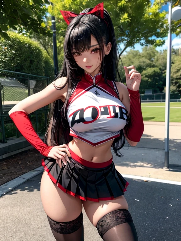 Photorealistic, high resolution, A Japanese Cheerleader named Jade, solo, makeup, Double D bust. Hips up, (Detailed face), Red and Black Cheerleader outfit with short pleated skirt. Black hair, Long hair, Skirt opened to reveal Black lace Panties and thigh high black and white striped Socks. black micro skirt, . Fully clothed, park setting