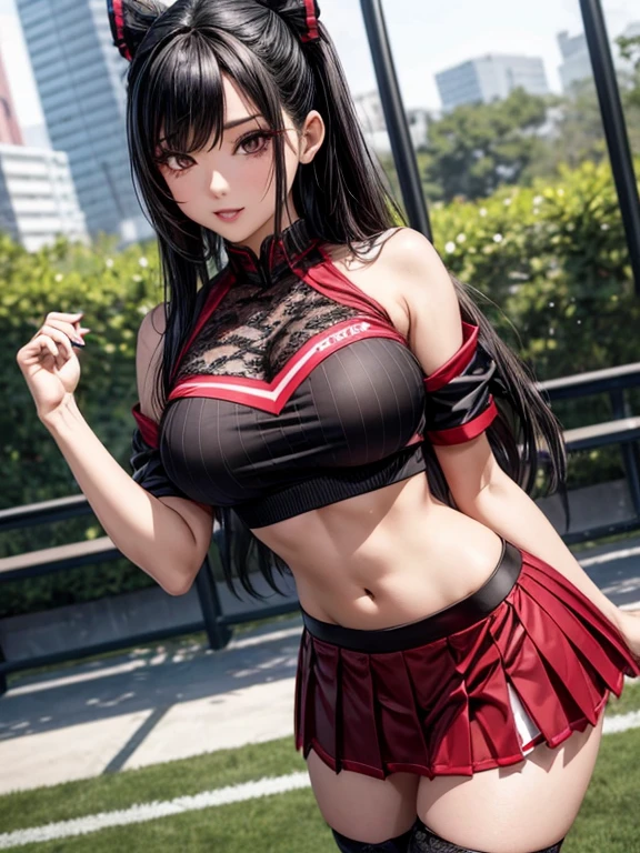 1 girl,Cheergirl costumes,Cheergirl Skirt、 (((Colossal tits))) , poneyTail,top-quality、Real Stick、A detailed eye、A detailed face、long lashes、heavy eye makeup、Dark eyeliner、smil、black thighhighs、I'm rooting for you