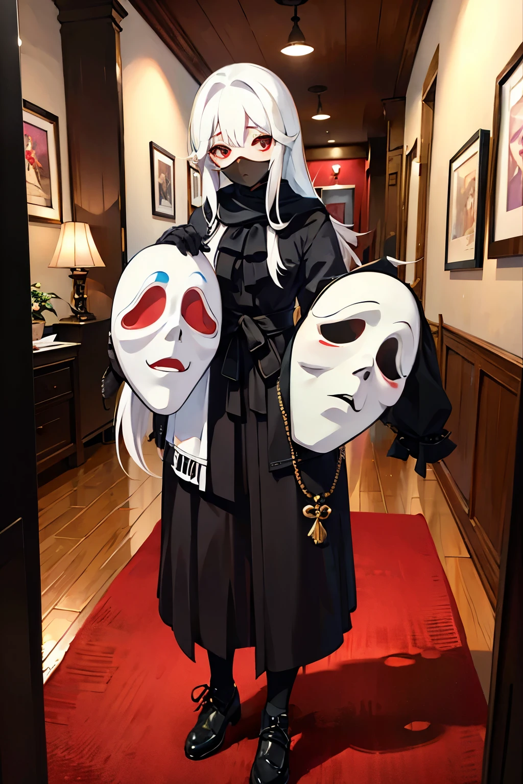 ((Highest quality)), ((masterpiece)), (detailed), 
Masks that hide the face 
Hair is white hair 
She wears a mask and we cannot see his face.
standing picture