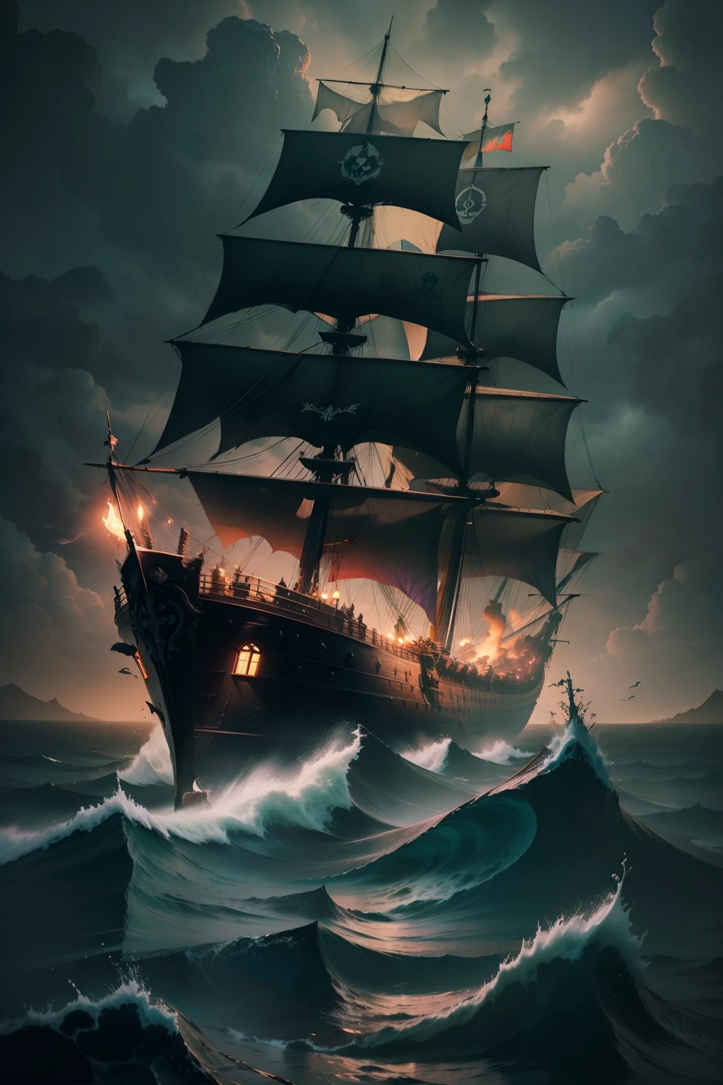 A foreboding black wooden pirate ship cuts through the tempestuous sea, its sails tattered and torn from the countless battles it has weathered. Ravens circling overhead echo the ship's ominous presence, and the captain at its helm is none other than a skeleton, his eyes glowing ominously against the gloom. The stormy sky above is a tumultuous blend of gray and purple, and the sea below is shrouded in a thick red mist, the result of some unseen, dark magic at work. The once proud vessel now sails not on a quest for treasure, but as a harbinger of doom.