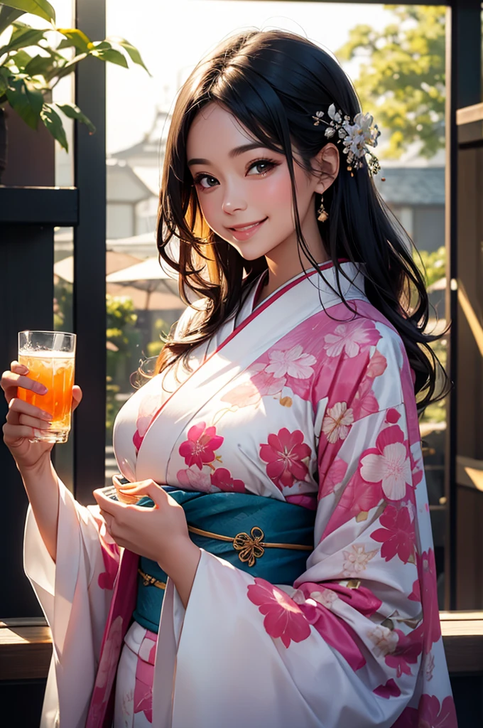 Smiling beautiful woman in a kimono holding a transparent glass of water close to her face