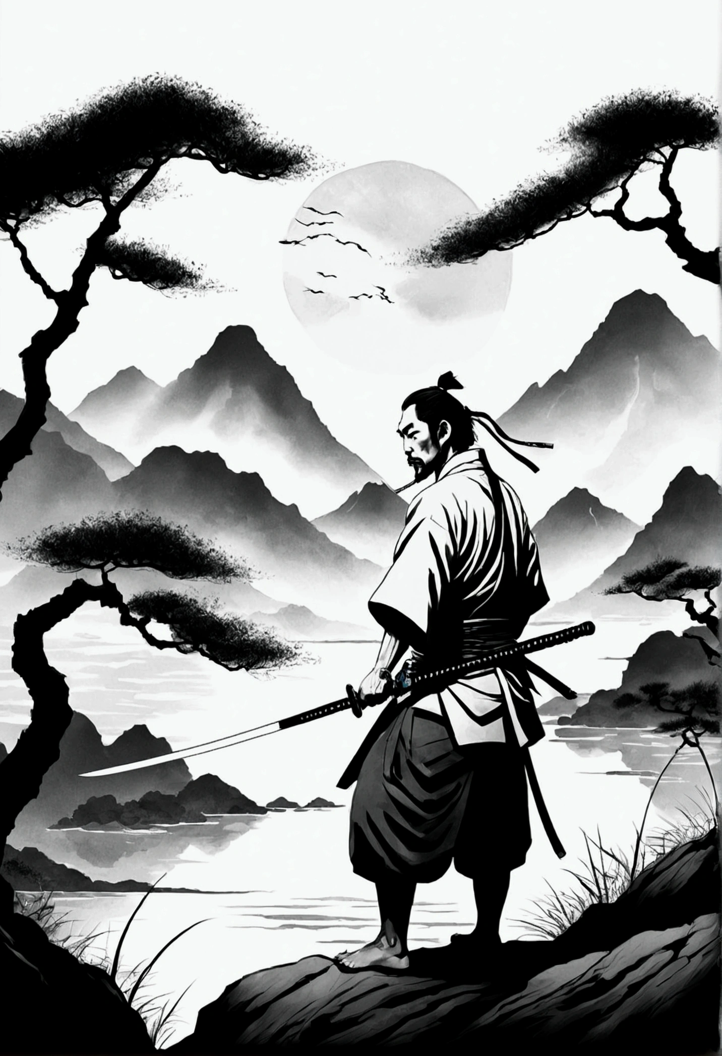 white background, scenery, ink, mountains, water, trees, Alafed image of a man with a sword in his hand, samurai portrait, inspired by Kanō Sanraku, miyamoto musashi, ancient Japanese Samurai, samurai portrait, Japanese Samurai, Inspired by Wu Daozi, Samurai Style, Samurai Man Wanderer, Traditional Japanese concept art, Works inspired by Kano Hogai
