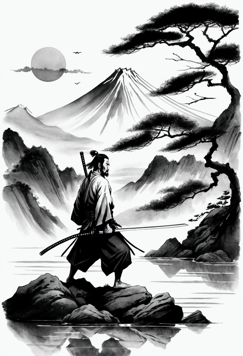 white background, scenery, ink, mountains, water, trees, Alafed image of a man with a sword in his hand, samurai portrait, inspired by Kanō Sanraku, miyamoto musashi, ancient Japanese Samurai, samurai portrait, Japanese Samurai, Inspired by Wu Daozi, Samurai Style, Samurai Man Wanderer, Traditional Japanese concept art, Works inspired by Kano Hogai