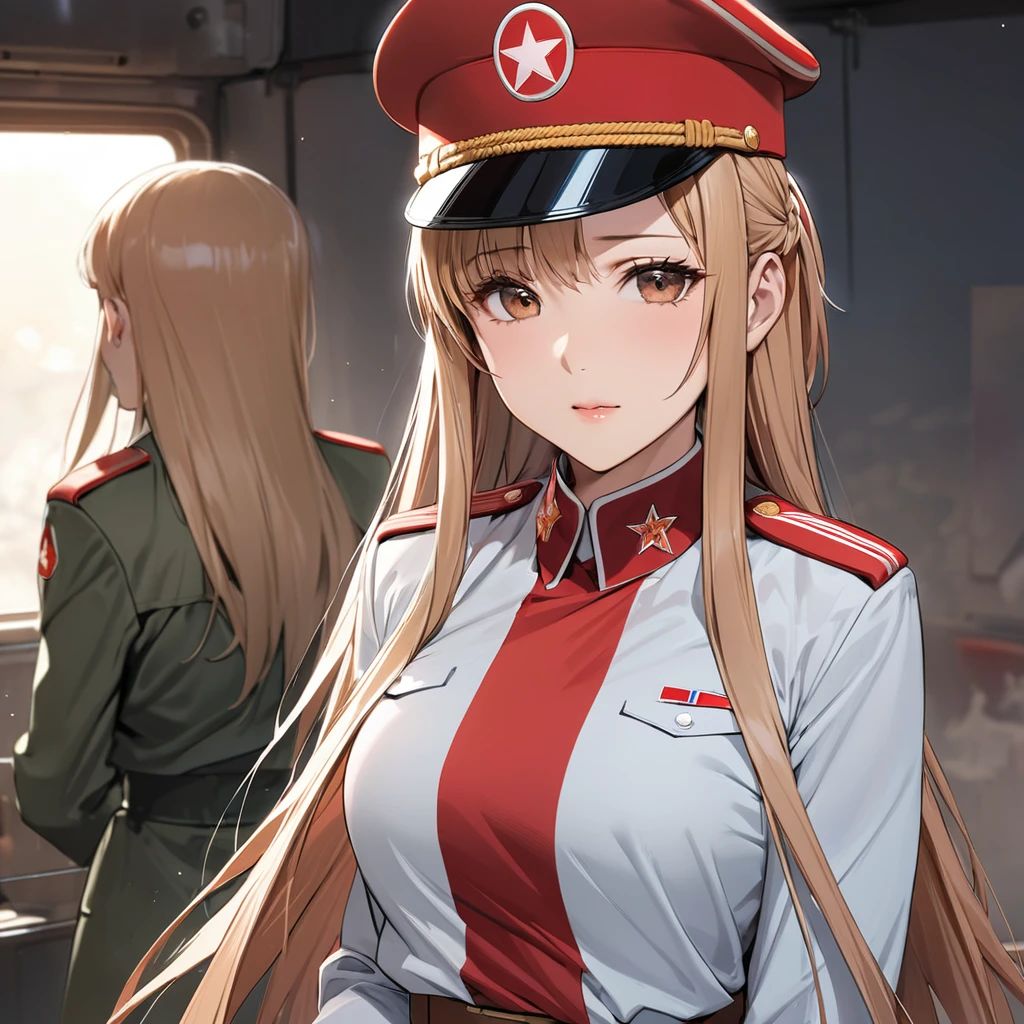 ((Highest quality)), ((masterpiece)), (detailed), （Perfect Face）、The woman is a North Korean named Yuuki Asuna, with light brown, medium-long hair, and is a female soldier in the North Korean military, wearing a North Korean military uniform and a North Korean military cap.