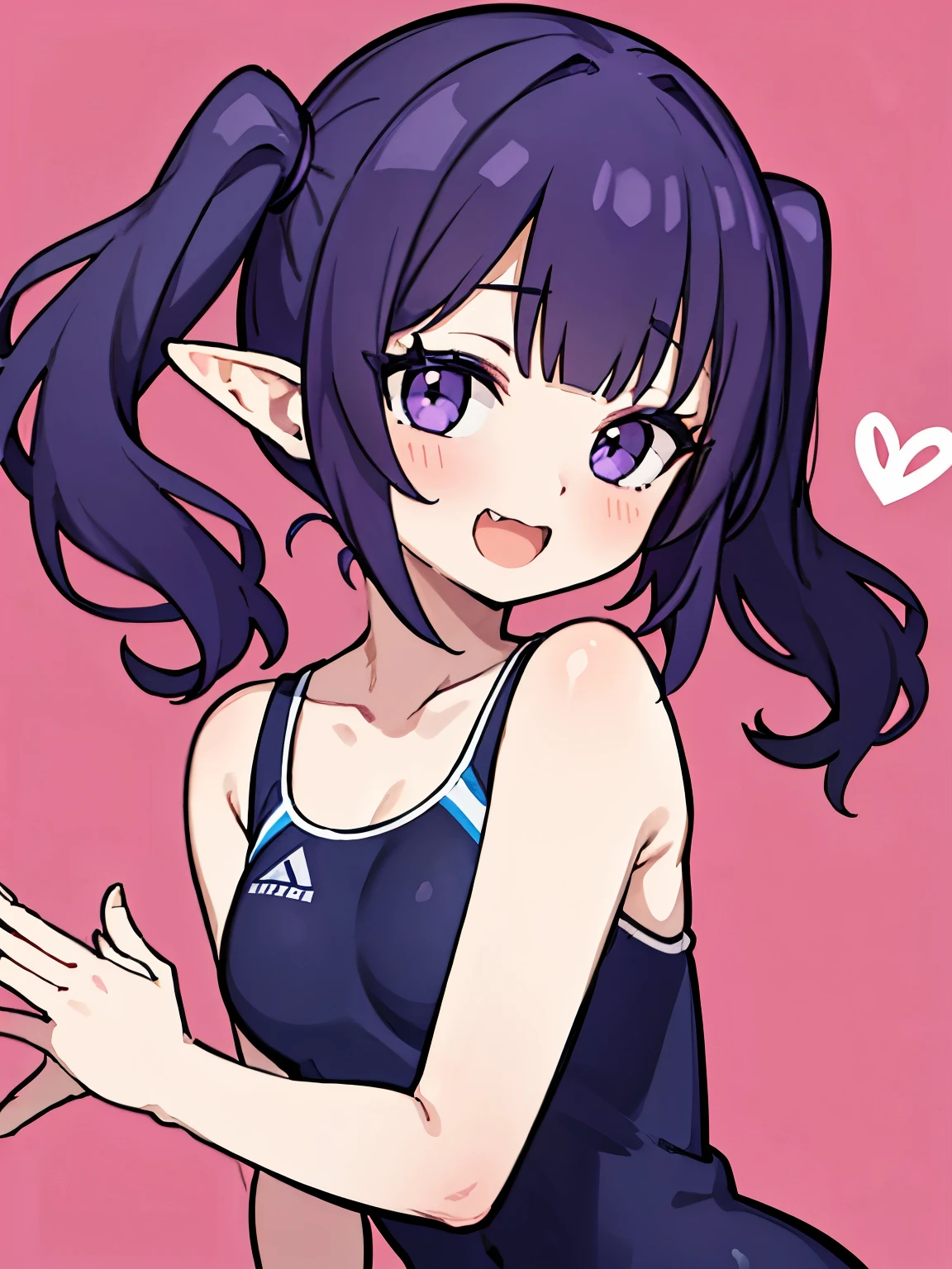 1 cute girl, flowing dynamic high short pigtails, straight bangs, dark purple blue hair, open mouth, smiling with sharp teeth, elf ears, bust up image, simple white background, purple skin tone, dark purple hair, wearing a plain swimsuit, excited happy expresison, white background, dynamic hair, short pigtails, hands waving, bare arms, nothing on the arms, just a swimsuit, front facing, one person, just one
