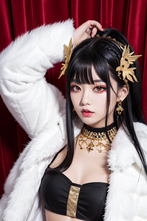 A woman with black hair, long hair, red eyeshadow, a fluffy white jacket over a black outfit, and gold hair accessories