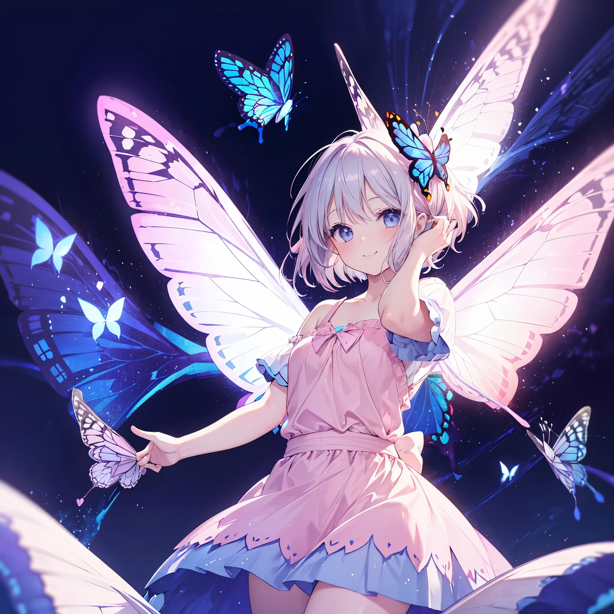 One Woman,((Cute Fairy,Butterfly Wings Happiness)) background((Pale pink,Lots of hearts))smile ,Gray Hair,Short bob blue eyes,Super Shining,camisole,Long Hem Super Pop Anime,Anime The Wind Blows,Jagged front,Raise your arms,floating