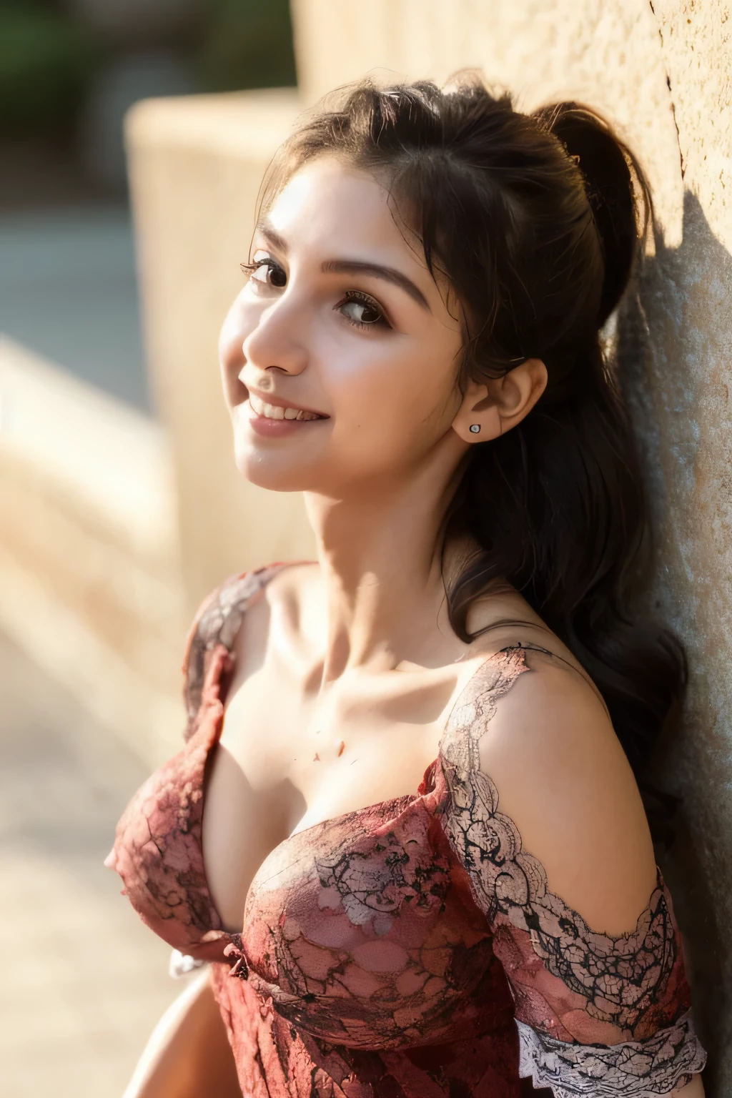 ((Highest quality, 8k, masterpiece: 1.3)), sharp: 1.2, Perfect Body Beauty: 1.6, ((Layered Hairstyles, Big Breasts: 2.0)), (Red lace dress: 2.0, Off-the-shoulder dress: 2.0, A dress that only reaches down to the nipples: 2.0), (Boldly exposed cleavage: 2.0), ((long hair: 2.0)), ((necklace)), Earrings, ring, Bracelet, Hair Accessories, ((Beautiful young ager woman)), ((Straight nose)), (Eyeliner), Armpit Hair, Bristles, ((White and beautiful skin)), Wavy Hair, Beautiful attention to detail, Super detailed, Highly detailed face and skin texture, fine grain, double eyelid, Black Hair, Big Ass, Lower Body, Thighs, (((Skinny))), Wet and shiny lips, smile, Get a grip on your body, ((Anatomically correct human body)), ((Crisp body shape)), Ribs, clavicle, Protruding skeleton, A face without nasolabial folds, Shyness, Thin eyebrows, Big eyes, (shoot from side: 1.0), (Narrow shoulders: 2.0), (Smile: 1.0), Corset-like dress