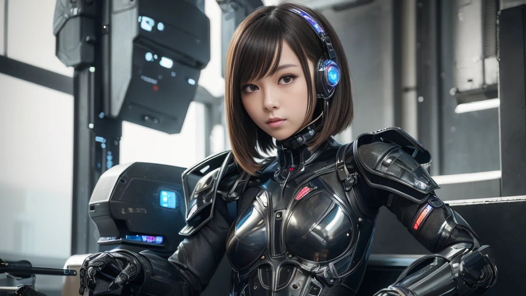 high quality, A realistic masterpiece, Beautiful girl, Small and skinny girl, Cute girl face, cyber punk, Wearing futuristic robotic tactical shear armor cyber punk suit with cutouts showing abs, Lean athletic body showing legs, Innocent, Playful, Famous Japanese actresses., Very beautiful face