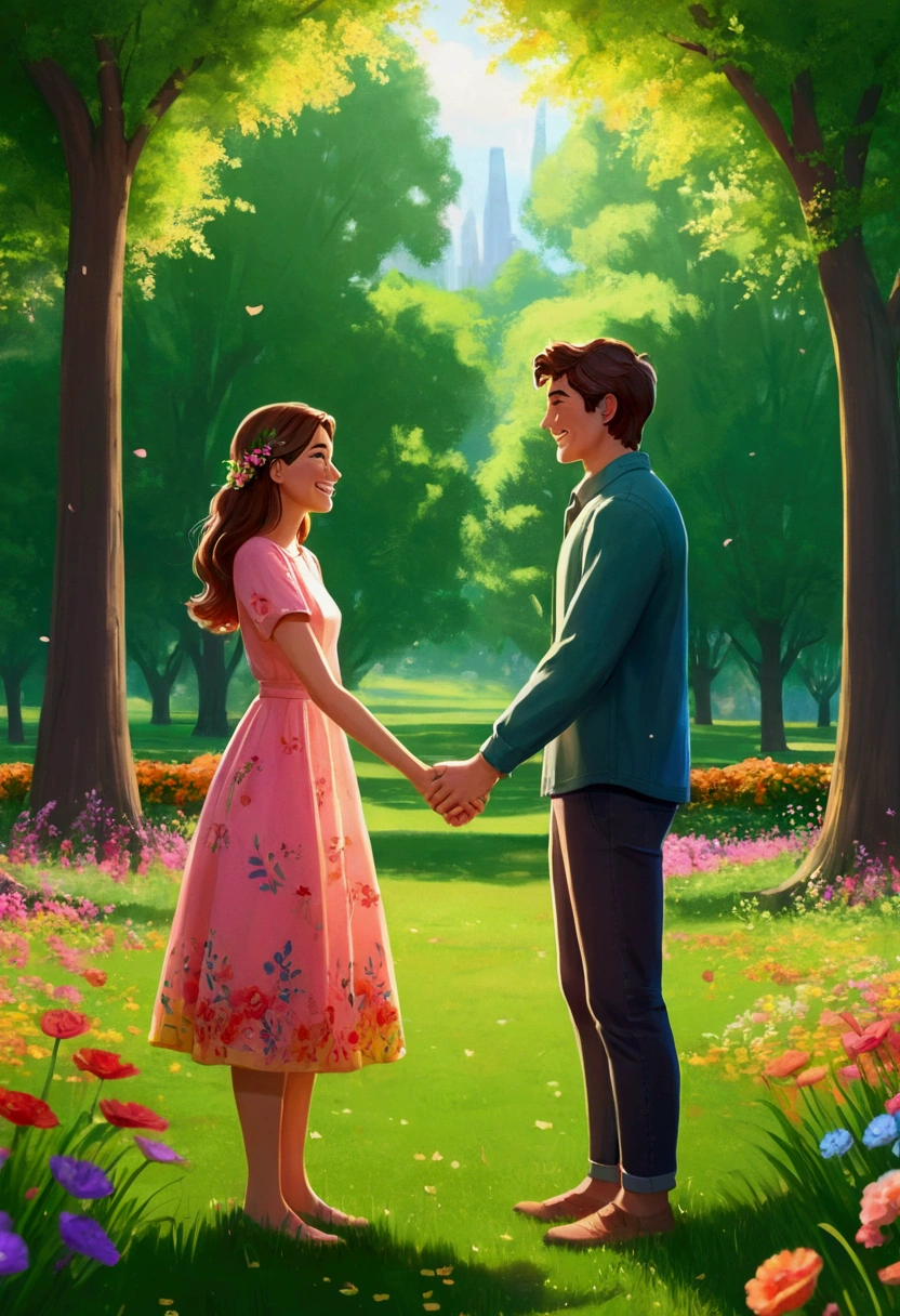 A young couple holding hands, looking into each other's eyes, smiling. Their faces are glowing with happiness. They are in a beautiful park with lush green grass and trees. There are colorful flowers in bloom. in the style of artstation trend cinematic, happy