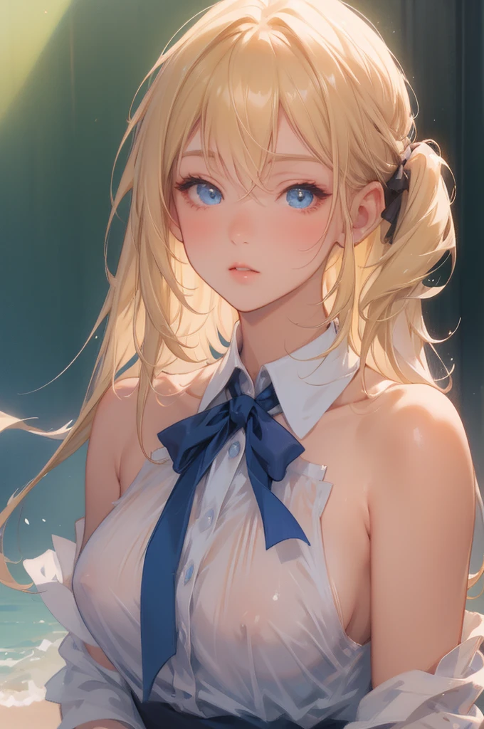 portrait, anime cg, blue eyes, blonde hair, transparent camisole, see through nipple, 4k resolution, high quality cg, beautiful cg, soft light