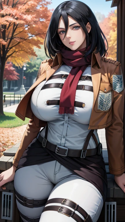 (masterpiece, best quality, glowing light, glistening, shiny skin, ultra detailed, detailed background, complex background),(perfect face, detailed face, detailed eyes, perfect hands, perfect fingers), (large boobs:1.2,smile),(mature female:1.4),cowboy shot, thicc, big breast, cleavage, black hair, MILF, perfect curvy shaped body,
mikasa_ackerman, ((gradient hair)),multicolored eyes, gradient eyes, (glowing eyes:1.5), mascara, (fashion make up), parted lips, scarf, jacket, thigh strap, bikini and bra, belt, emblem, three-dimensional maneuver gear, red scarf, boots, dual wielding, training corps (emblem)
((park, fountain, leaves in the air, wall, autumn, trees)),((super detailed background)), dynamic poses, ((8k wallpaper)),