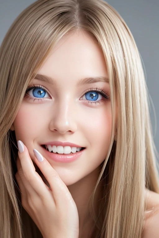 1girl, solo, long_hair, looking_at_viewer, open_mouth, blue_eyes, blonde_hair, brown_hair, simple_background, original, parted_lips, teeth, grey_background, lips, fingernails, grey_eyes, eyelashes, upper_teeth, close-up, portrait, photo_(medium)