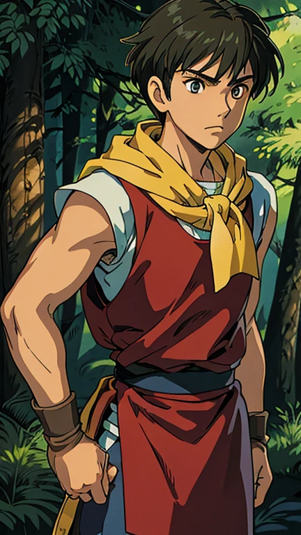 (1man, RiouSuikoden), (extremely detailed CG unit 8k wallpaper),(master part), (best quality), (ultra detail), (best illustration),(ghibli style), cowboy shot, (Sharp eyeliner, ombre, detailed eyes:1), dark forest background, ,break , (GHIBLI_Background), upper body, yellow scarf, red tunic, black pants, 