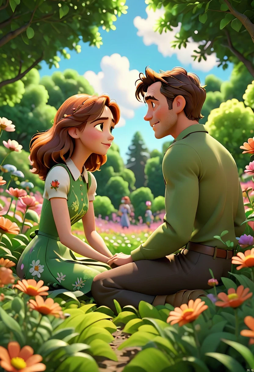 Man with a woman sitting facing each other in a flower field full of leafy trees, animation character, Stylized character, animation style rendering, stylized 3D, Arnold Maya rendering, stylized 3D rendering, rendering screenshot toon, 3D Character, 3D Character, Stylized 3D Rendering, 3D Character Rendering, cartoon character, Close up Character, Character Pose, (Pixar Style) (master part:1.2) (Bokeh) (best quality) ( detailed skin) (detailed texture) (8k) (clay) (cinematic lighting) (sharp focus