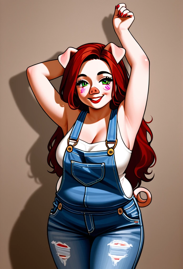 Create a full-color image of an humanoid, hybrid, anthropomorphic, sexy pig woman. The artwork should be rendered in the style of "photorealism," featuring warm lighting and shadows. Include graphite shading, stencil marks, and airbrushed acrylic paint effects. The image should be of the highest quality, a masterpiece with intricate details. Pig nose, pig ears. The pig woman should have a chubby female, round belly, fat rolls, small pink spiral piggy tail, humanoid, appearance. She should have luscious lips, a wide smile, and bright, expressive eyes, exuding beauty, cuteness, and adorableness. Ensure the image is high resolution and sharply detailed, with a detailed and vibrant background. Scarlett Johanson, Alison Brie, Dove Cameron Incorporate mystical lighting in the background, creating a romantic and enchanting atmosphere. Denim overalls, stretching tightly overalls,
